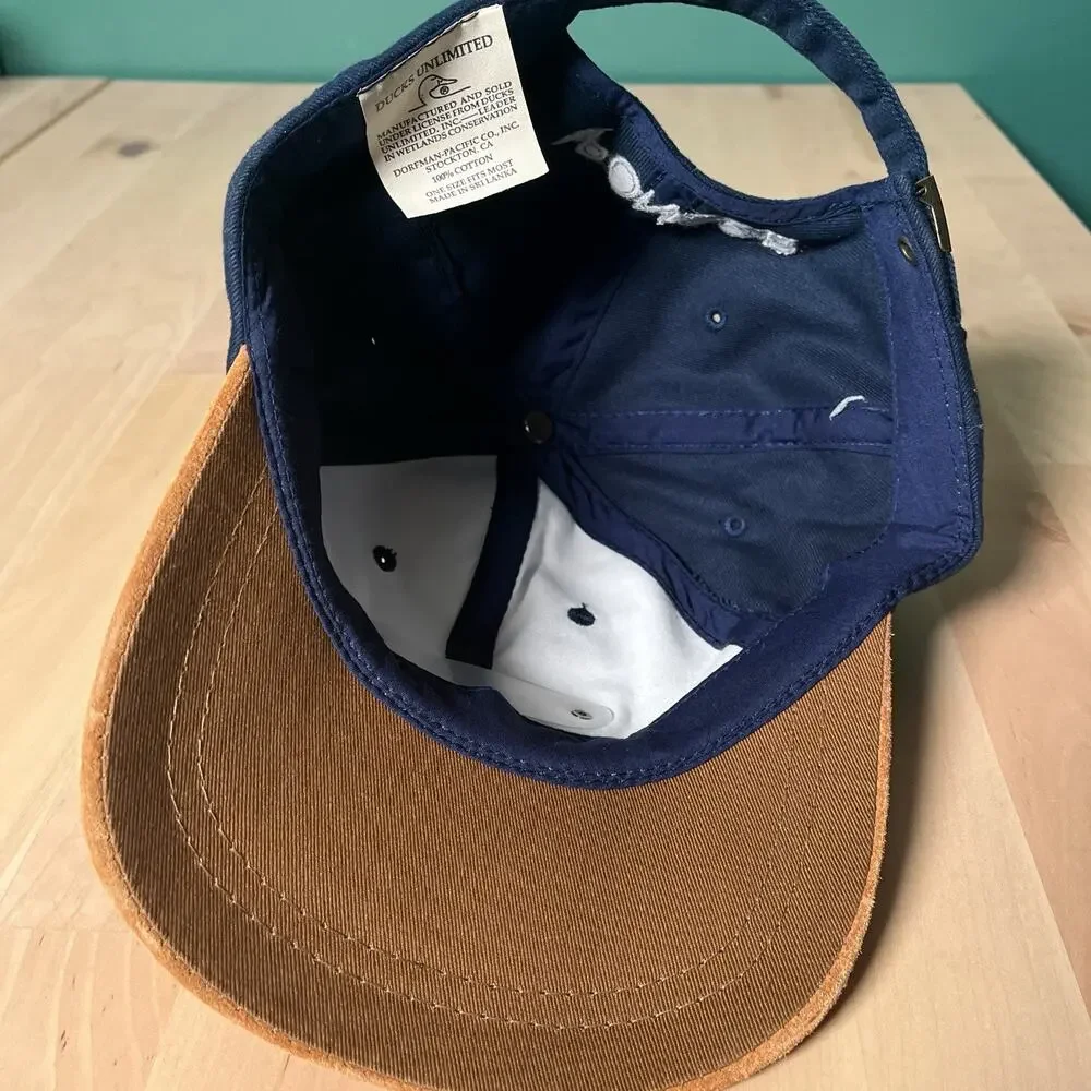 VTG Ducks Unlimited Sponsor Hat Navy Tan Suede Brim Metal Badge Adjustable Cap